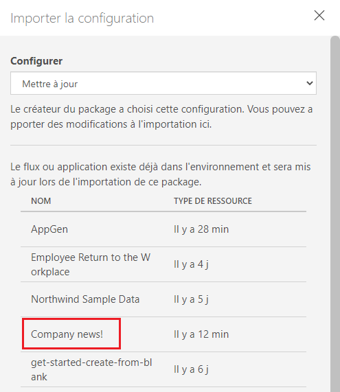 Action Sélectionner une importation – mettre à jour Action d’importation Sélectionner - mise à jour.