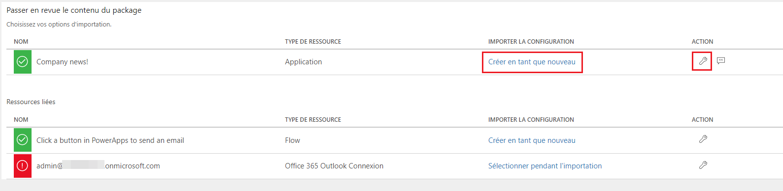 Action Sélectionner une importation Action d’importation Sélectionner.