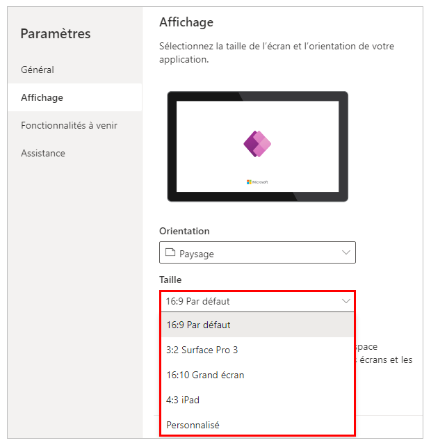 Rapport d’aspect pour une tablette Modifier le rapport hauteur/largeur d’une application pour tablette.