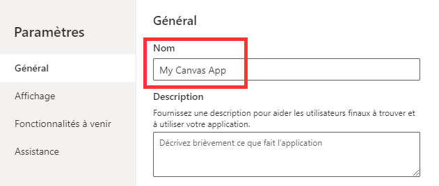 Capture d’écran montrant où vous modifiez le nom de votre application dans la fenêtre contextuelle Paramètres.