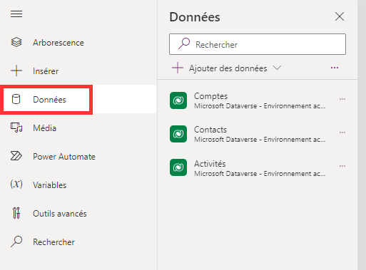 Capture d’écran montrant où se trouve la section Données dans le menu de création. Vous pouvez ajouter des données ici.