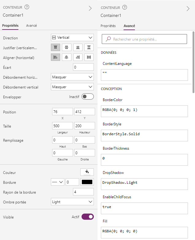 Capture d’écran montrant le volet des propriétés qui apparaît lorsque vous sélectionnez un objet dans votre canevas. Les propriétés avancées sont un onglet dans ce même volet.