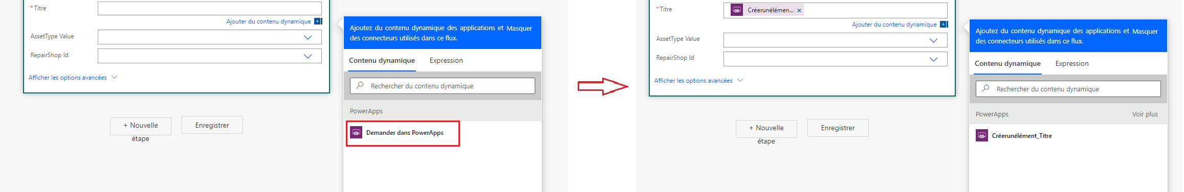 Capture d’écran montrant le bouton Demander dans Power Apps où un titre est créé.