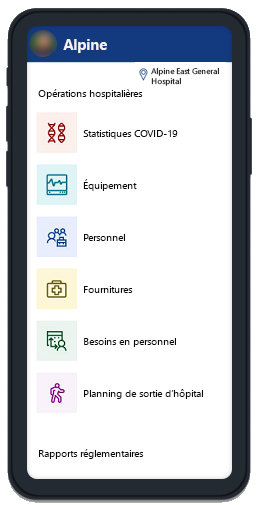 Capture d’écran de l’application canevas de l’exemple de solution Réponse aux urgences des hôpitaux en cours d’exécution sur un téléphone, montrant le composant de canevas du panneau de contrôle.