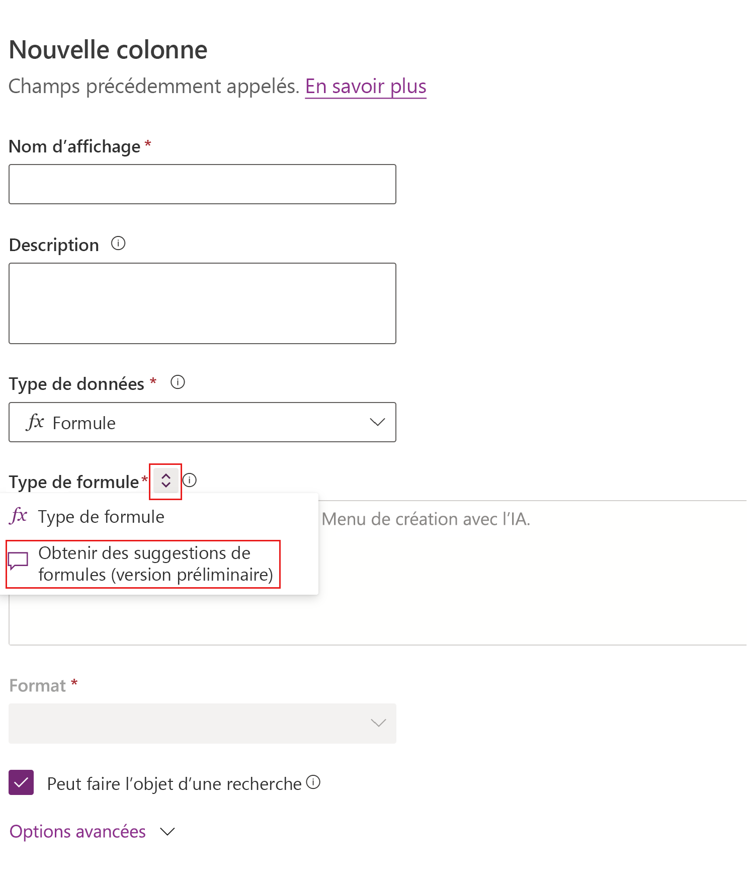 Sélectionnez le sélecteur de suggestions de formules