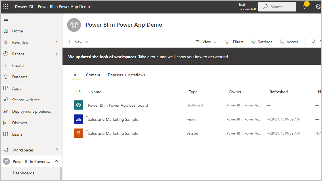 Jeu de données avec l’exemple Vente et Marketing et un rapport est ajouté Jeu de données avec exemple, tel que Exemple Vente et Marketing et un rapport est ajouté