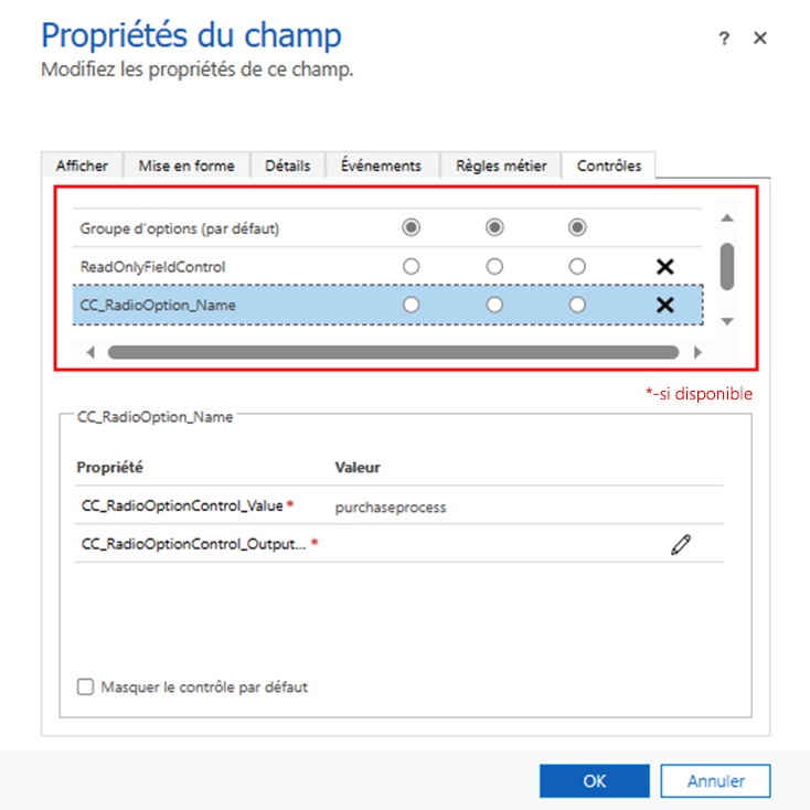 Sélectionner les applications clientes pour afficher le contrôle personnalisé Sélectionner les applications client pour afficher le contrôle personnalisé.