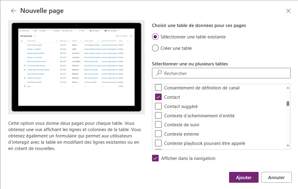 Sélectionnez la table des comptes pour l’ajouter à l’application.