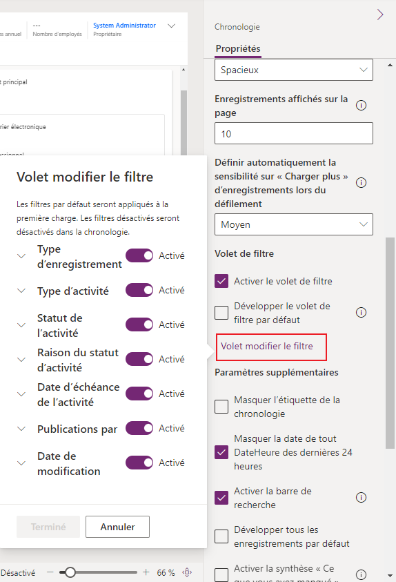 Paramètre Volet modifier le filtre Volet modifier le filtre.