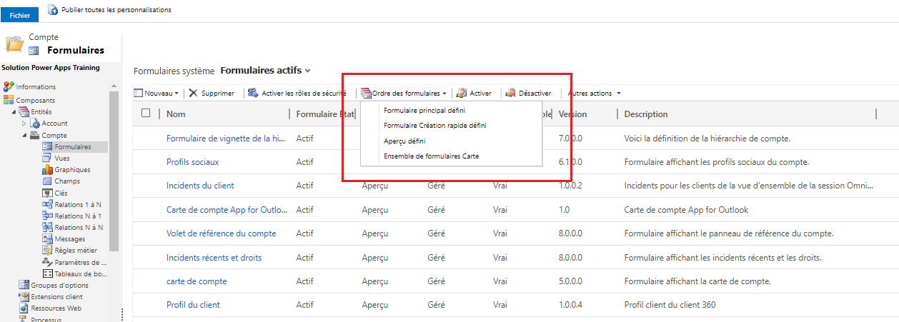 Commande de la barre d'outils pour l'ordre du formulaire.