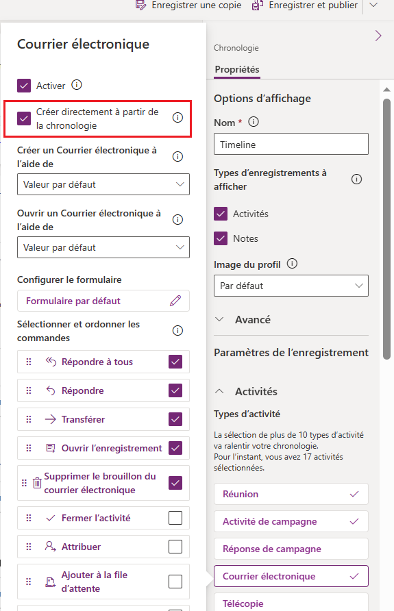 Activer la création directement à partir de la chronologie Configurer la possibilité de créer directement à partir de la chronologie