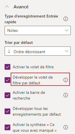 Configuration du volet de filtre Configuration du volet de filtre