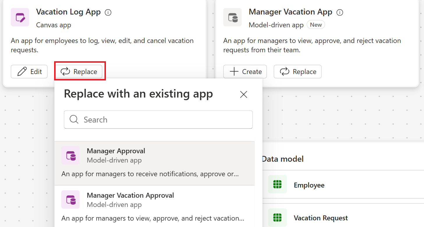 Capture d’écran de l’option Remplacer sur une vignette d’application.
