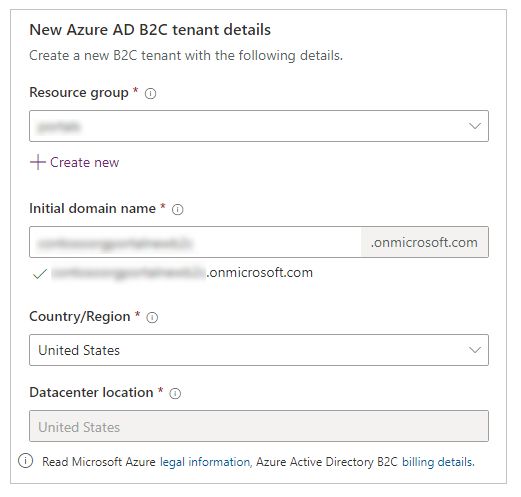 Détails du nouveau locataire Azure AD B2C Détails du nouveau locataire Azure AD B2C.