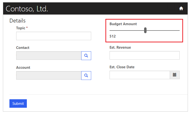 Exemple d’aperçu du contrôle Slider Montant budgétaire sur la page des portails.