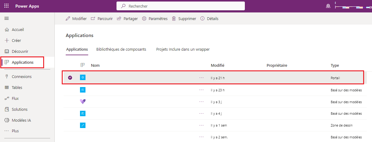 Sélectionnez des applications et un portail.