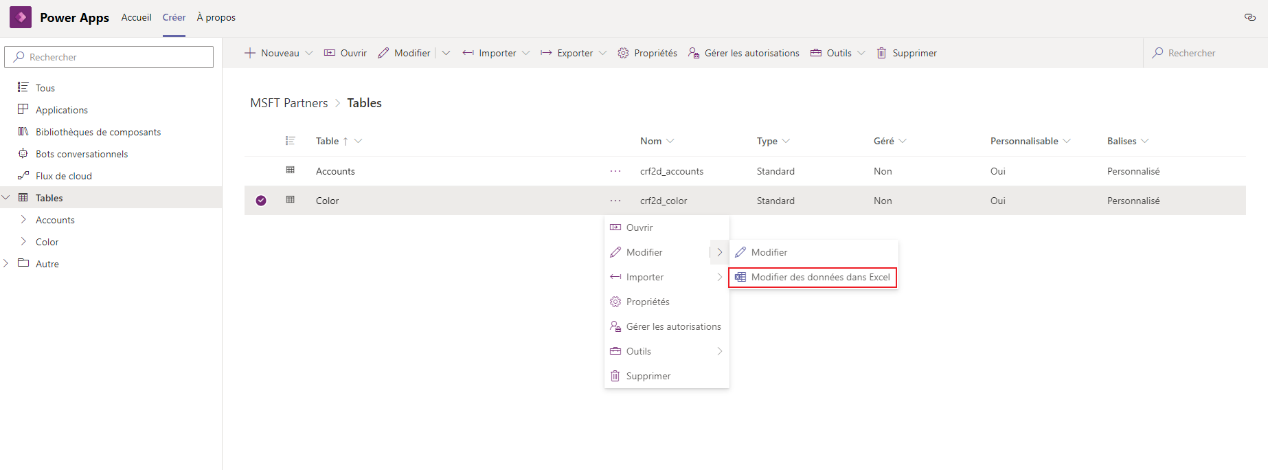Commande Modifier les données dans Excel.