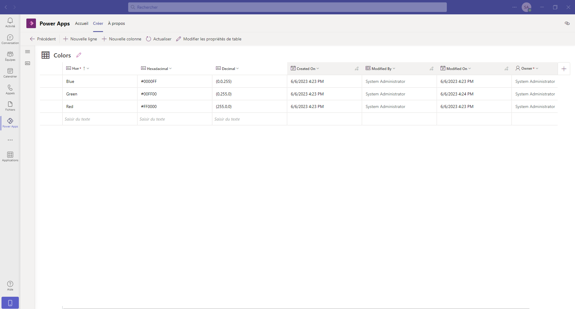 Table Dataverse for Teams dans Teams.