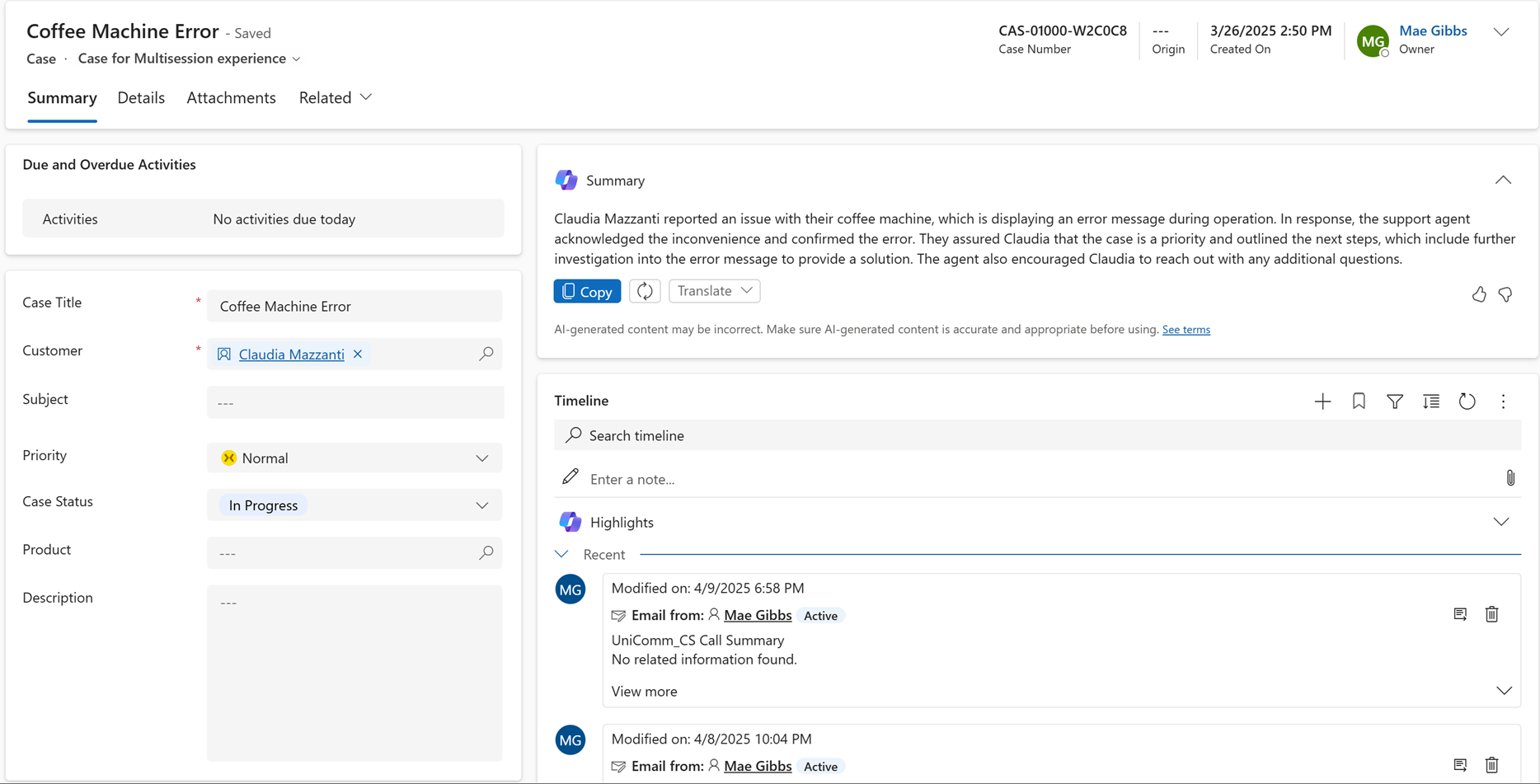 Capture d’écran montrant le résumé d’incident Copilot par défaut sur une application pilotée par modèle.