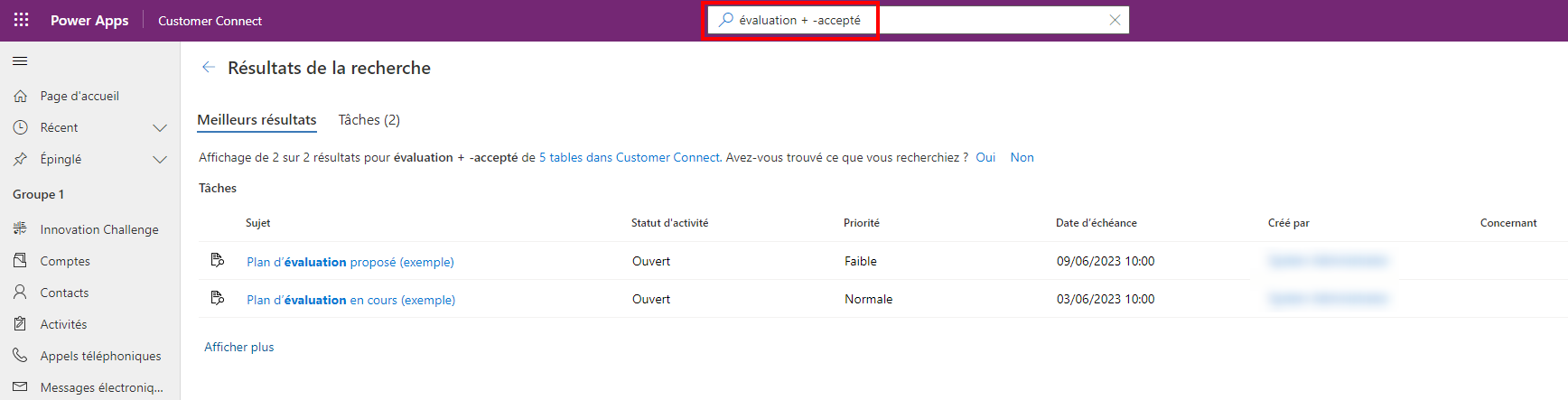 Exemple de recherche du terme ’évaluation’ mais excluant le terme ’convenue’ Exemple de recherche du terme