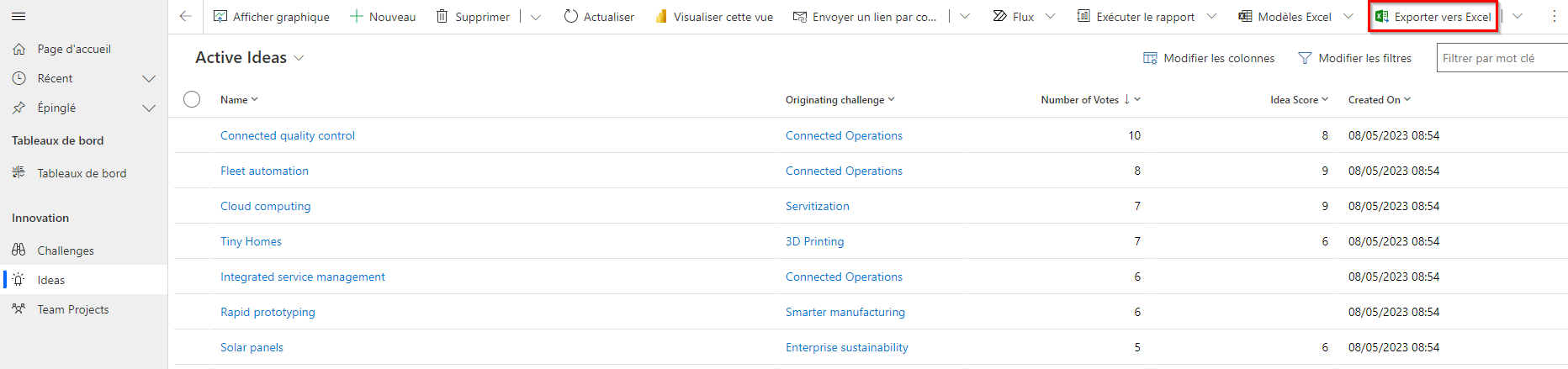 Sélectionner Exporter vers Excel Exportez vers Excel.
