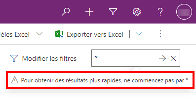 La recherche de mots clés commençant par un astérisque affichera un message d’avertissement. La recherche de mots clés commençant par un astérisque affichera un message d’avertissement.