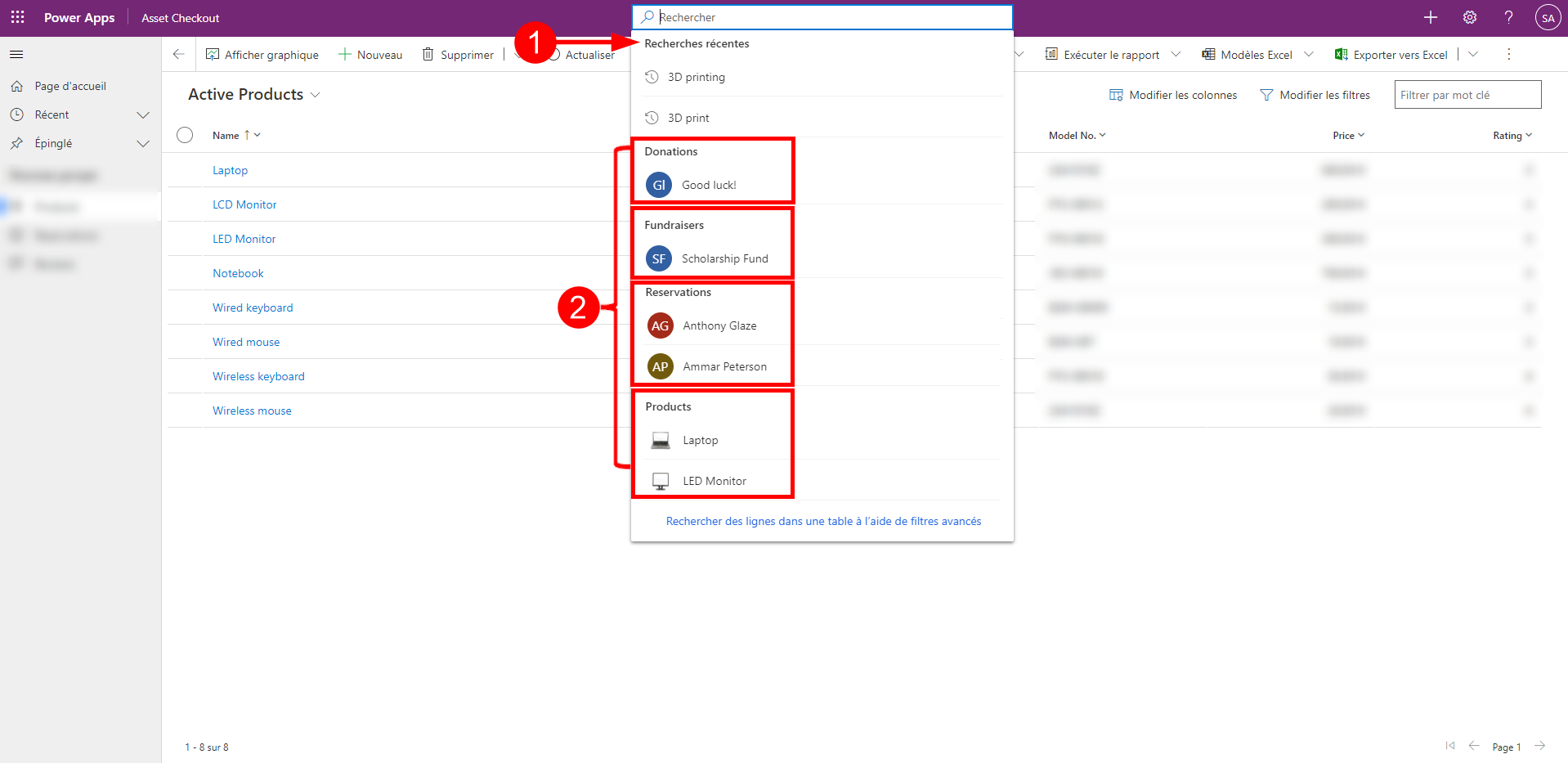 Capture d’écran de la fenêtre du menu volant de recherche Dataverse.