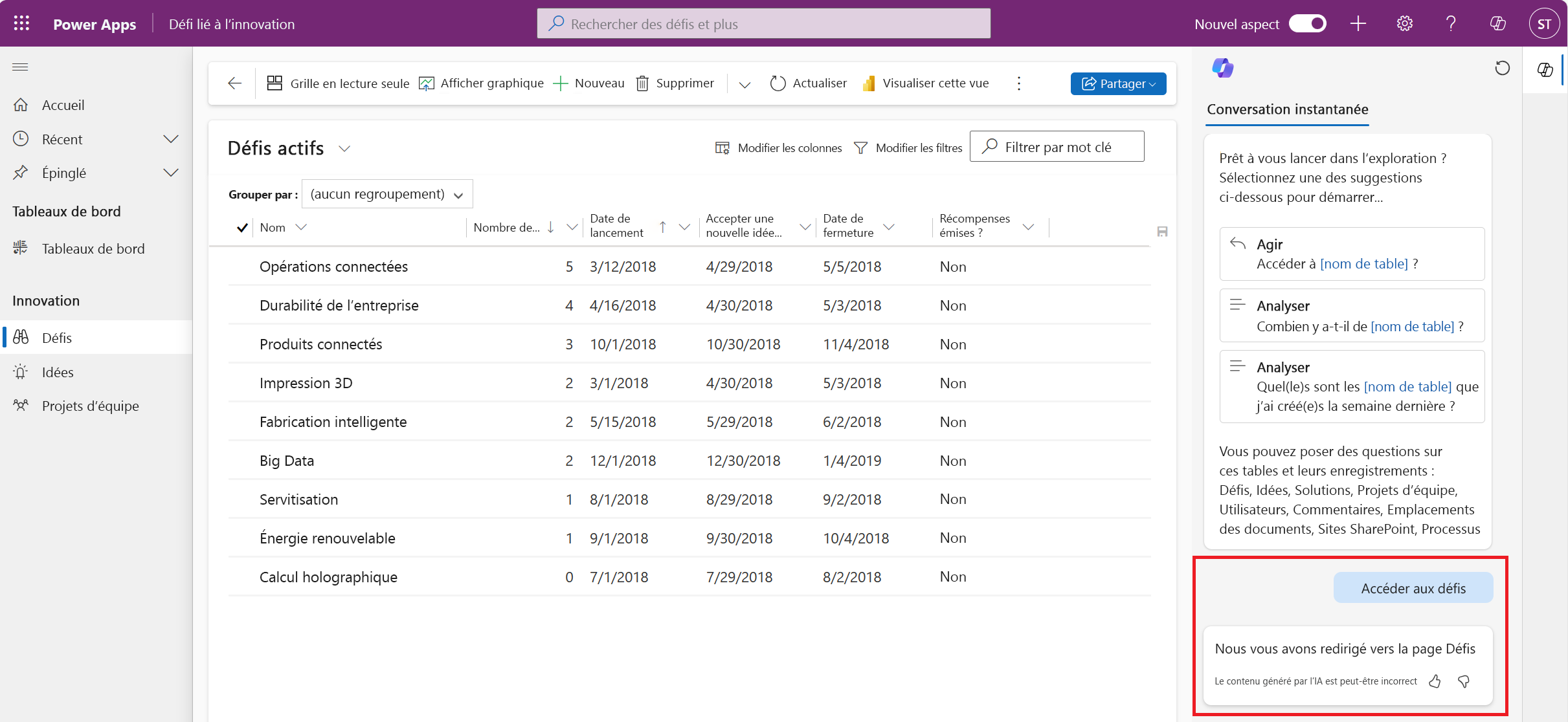 Capture d’écran montrant que Copilot a ouvert une page en réponse à une demande.