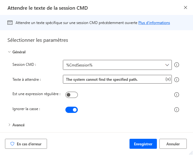 Capture d’écran de l’action Attendre l’affichage du texte sur la session CMD.