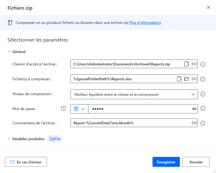 Capture d’écran de l’action fichiers ZIP.