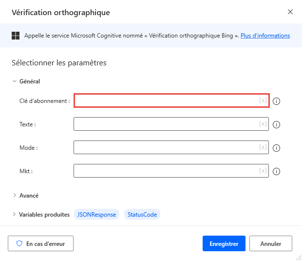 Capture d’écran de l’action Vérification orthographique.