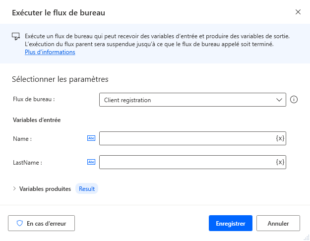 Capture d’écran de l’action Exécuter le flux de bureau.