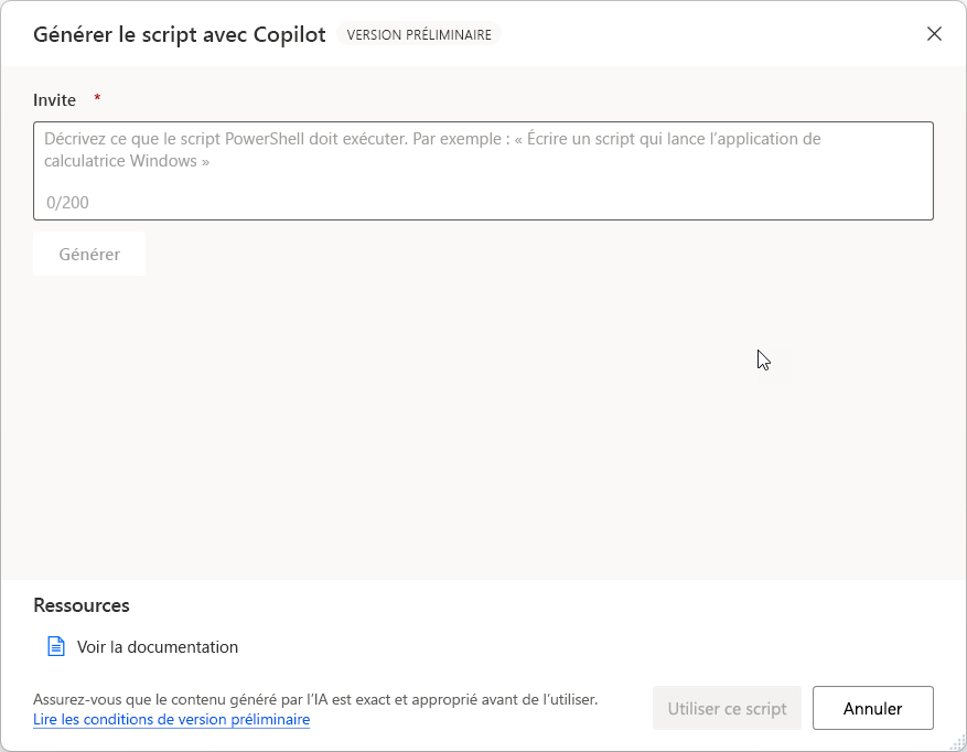 Capture d’écran de l’action Générer PowerShell avec la boîte de dialogue de requête ouverte