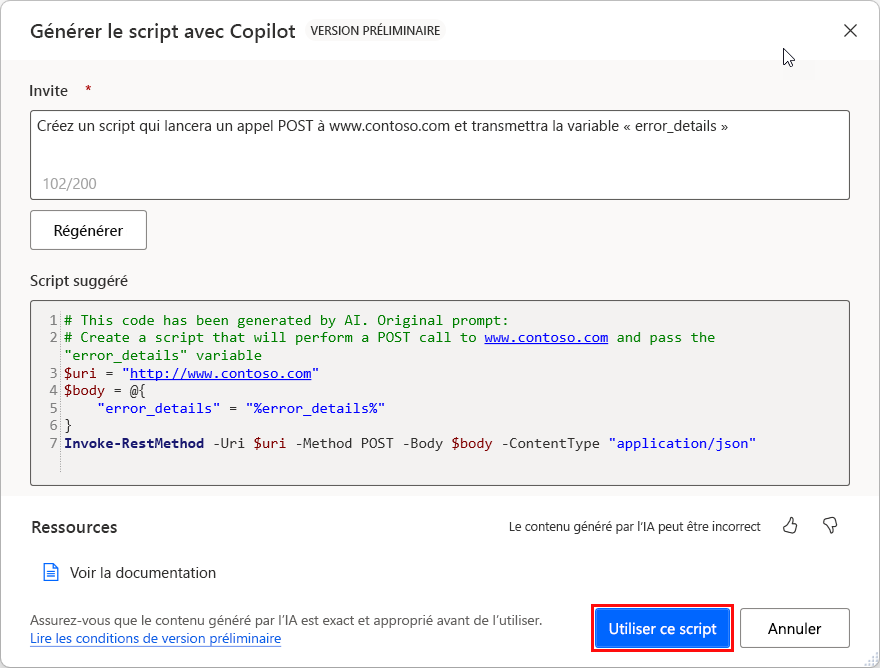 Capture d’écran de l’action Utiliser ce script PowerShell avec la boîte de dialogue de requête ouverte