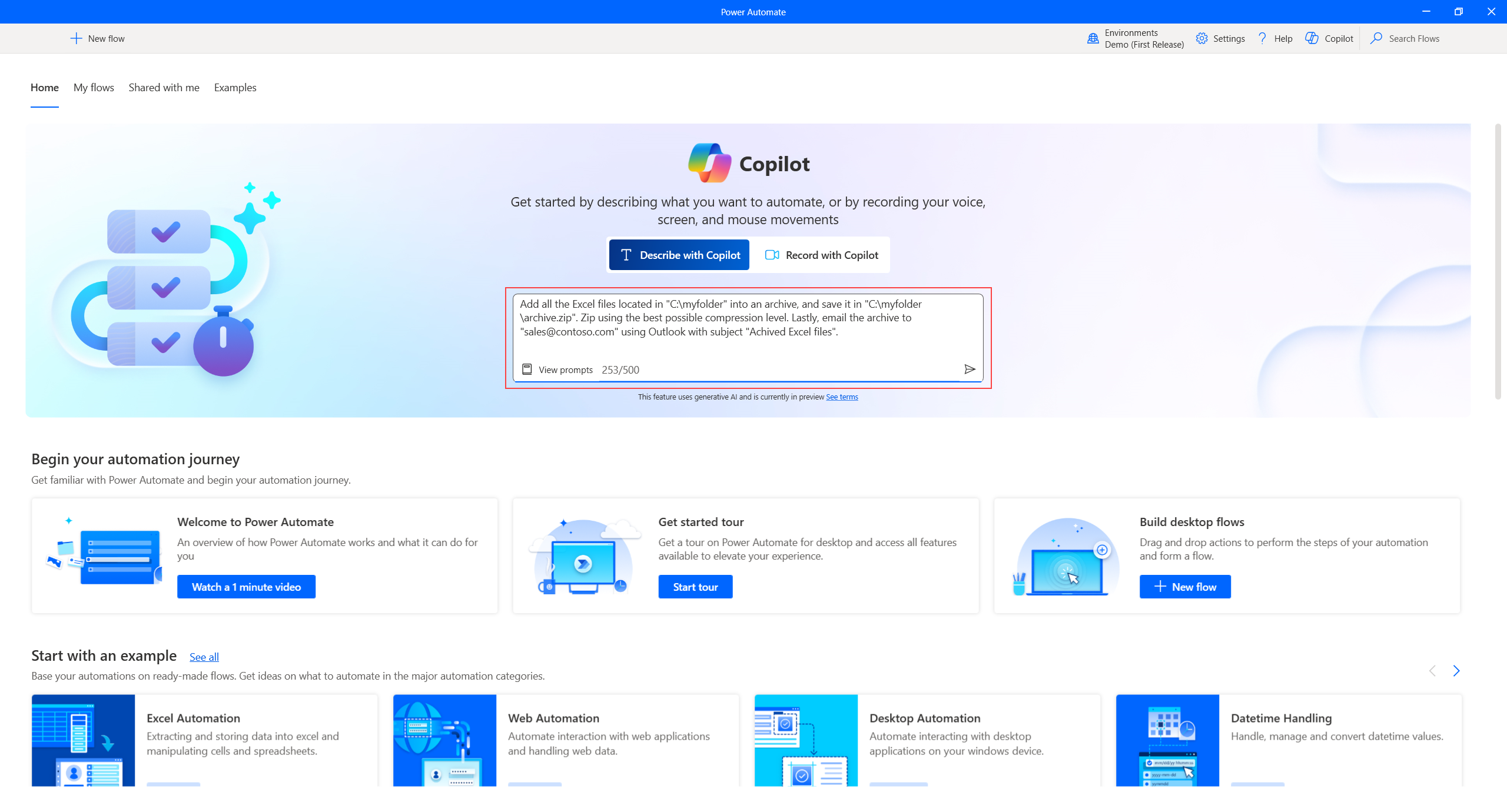 Capture d’écran montrant où interagir avec Copilot dans la page d’accueil de Power Automate pour le bureau.