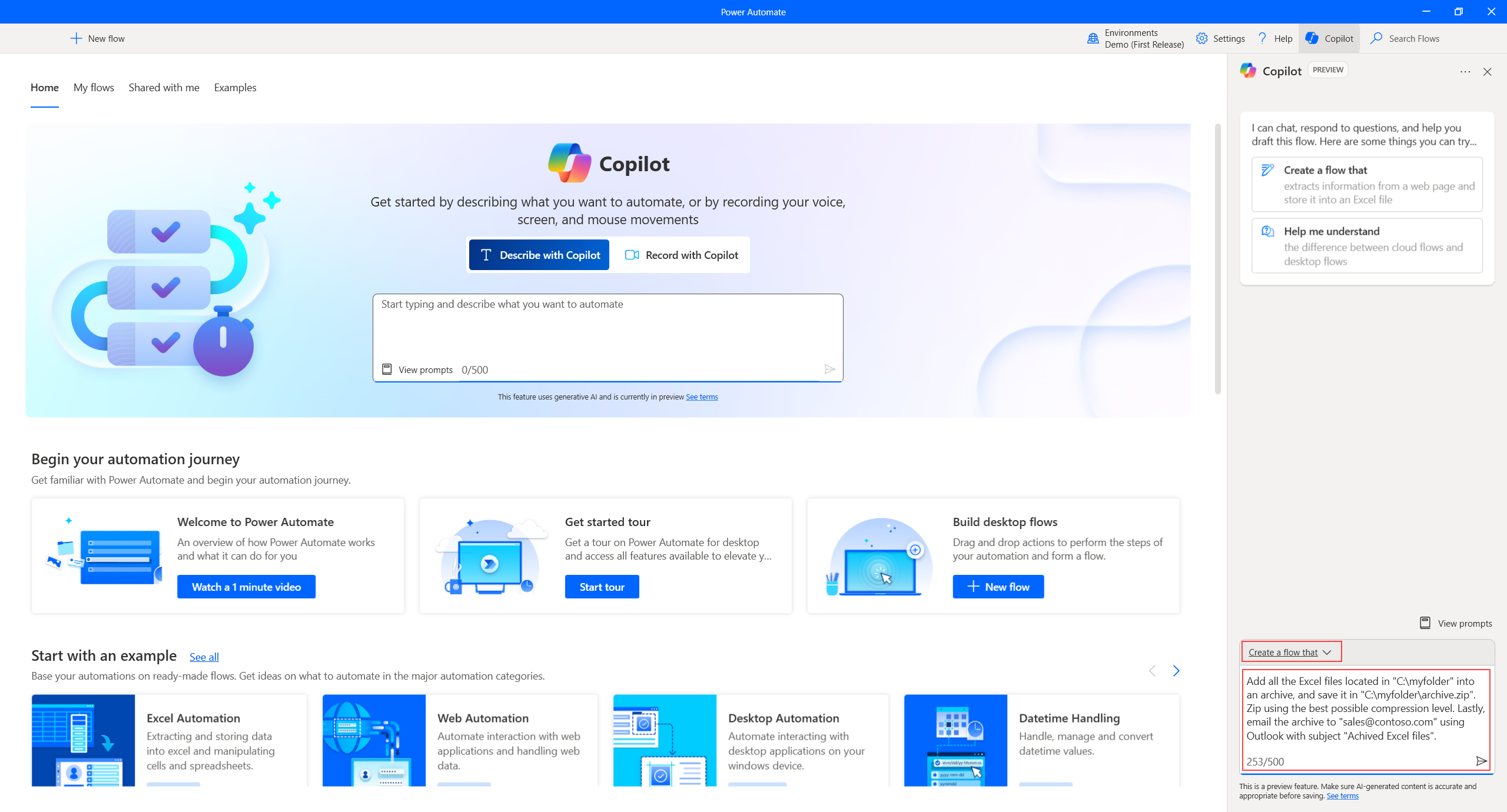 Capture d’écran affichant le volet latéral Copilot sur la page d’accueil de la console Power Automate pour ordinateur de bureau.
