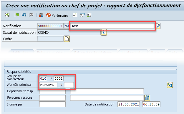 Capture d’écran d’un enregistrement de notification SAP terminé, prêt à être enregistré.