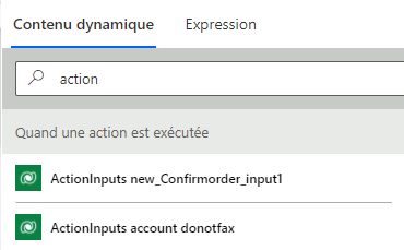 Capture d’écran du sélecteur de contenu dynamique dans le concepteur Power Automate qui affiche la sortie du déclencheur «&nbsp;Lorsqu’une action est exécutée&nbsp;»