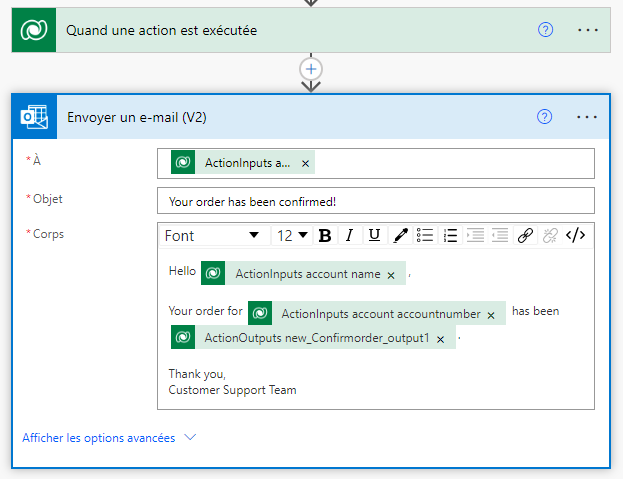 Capture d’écran de l’utilisation des sorties du déclencheur «&nbsp;Lorsqu’une action est exécutée&nbsp;» dans le concepteur de flux de cloud Power Automate