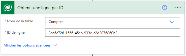 Obtenir une ligne par ID terminée avec les options avancées en surbrillance.