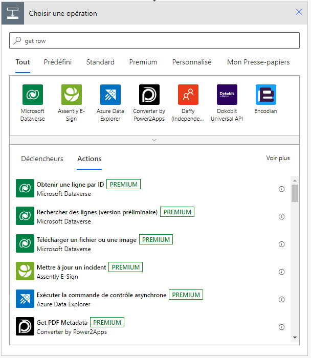 Filtrer les actions Microsoft Dataverse.