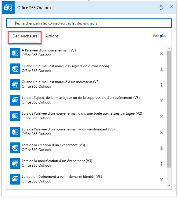 Capture d’écran d’une partie des déclencheurs Office 365 Outlook.