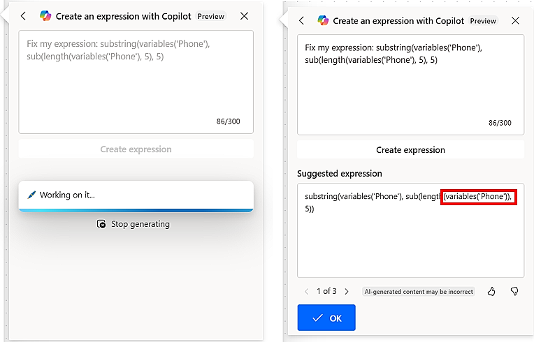 Capture d’écran d’une suggestion de correctif pour une expression erronée.