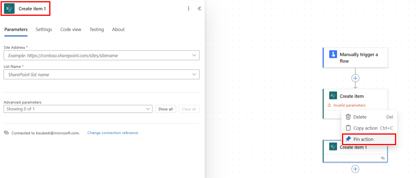 Capture d’écran de l’option de menu «&nbsp;Épingler l’action&nbsp;».