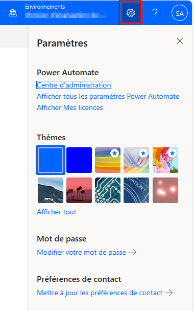 Capture d’écran des paramètres de Power Automate.