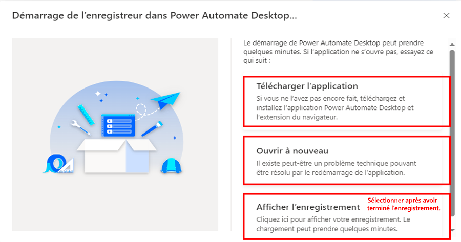 Capture d’écran de l’écran «&nbsp;Lancement de l’enregistreur dans Power Automate bureau&nbsp;»