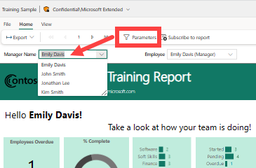 Capture d’écran montrant le service Power BI avec deux paramètres pour le nom du gestionnaire et l’employé.