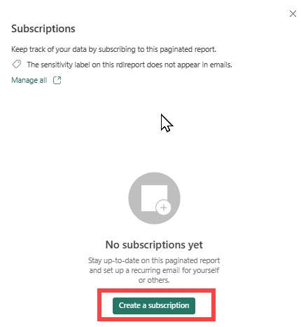 Capture d’écran montrant l’écran Abonnements sans abonnement dans le service Power BI.