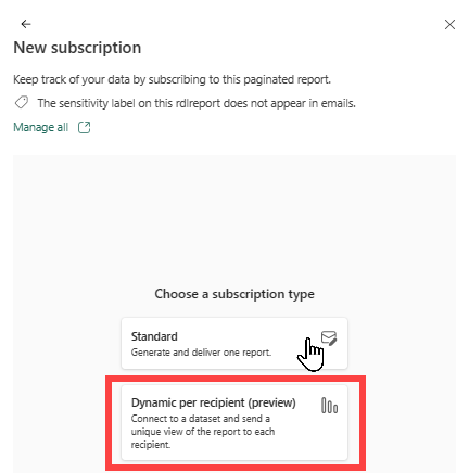 Capture d’écran montrant l’écran Nouveaux abonnements avec l’option Dynamique par destinataire dans le service Power BI.