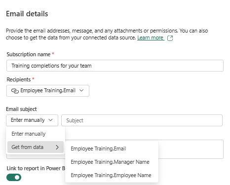 Capture d’écran montrant les options de paramètres dynamiques dans la fenêtre Détails de l’e-mail dans le service Power BI.